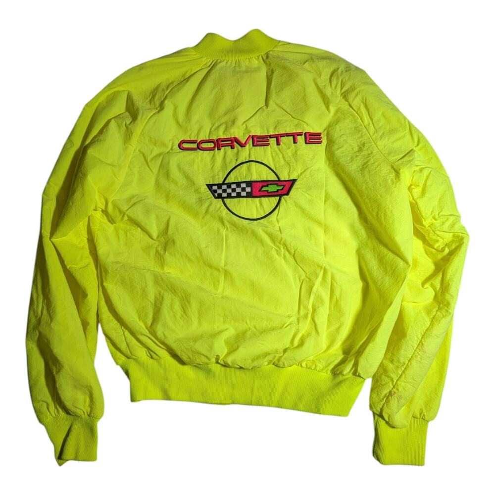 Vtg 1990s Corvette Neon Yellow Full Zip Embroidered Windbreaker Racing Jacket S